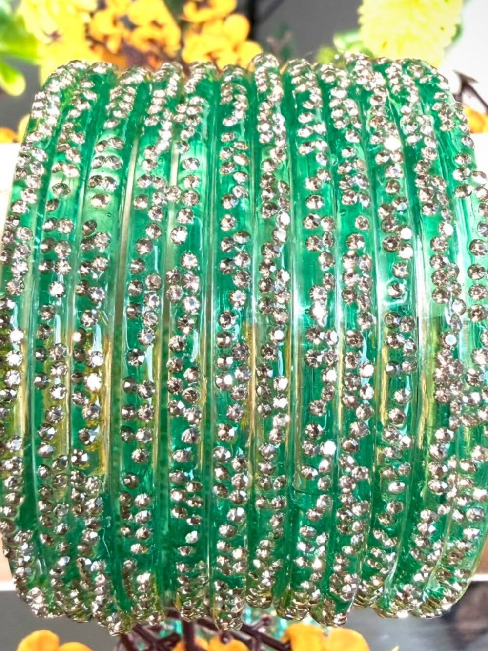 12PC Emerald Green Rhinestone Resin Bangle Bracelets Stackable Sparkle Set